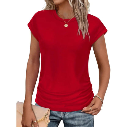 Womens Summer Tops Trendy 2026 Ruched Cap Short Sleeve Tshirts Shirts Crew Neck T Shirts