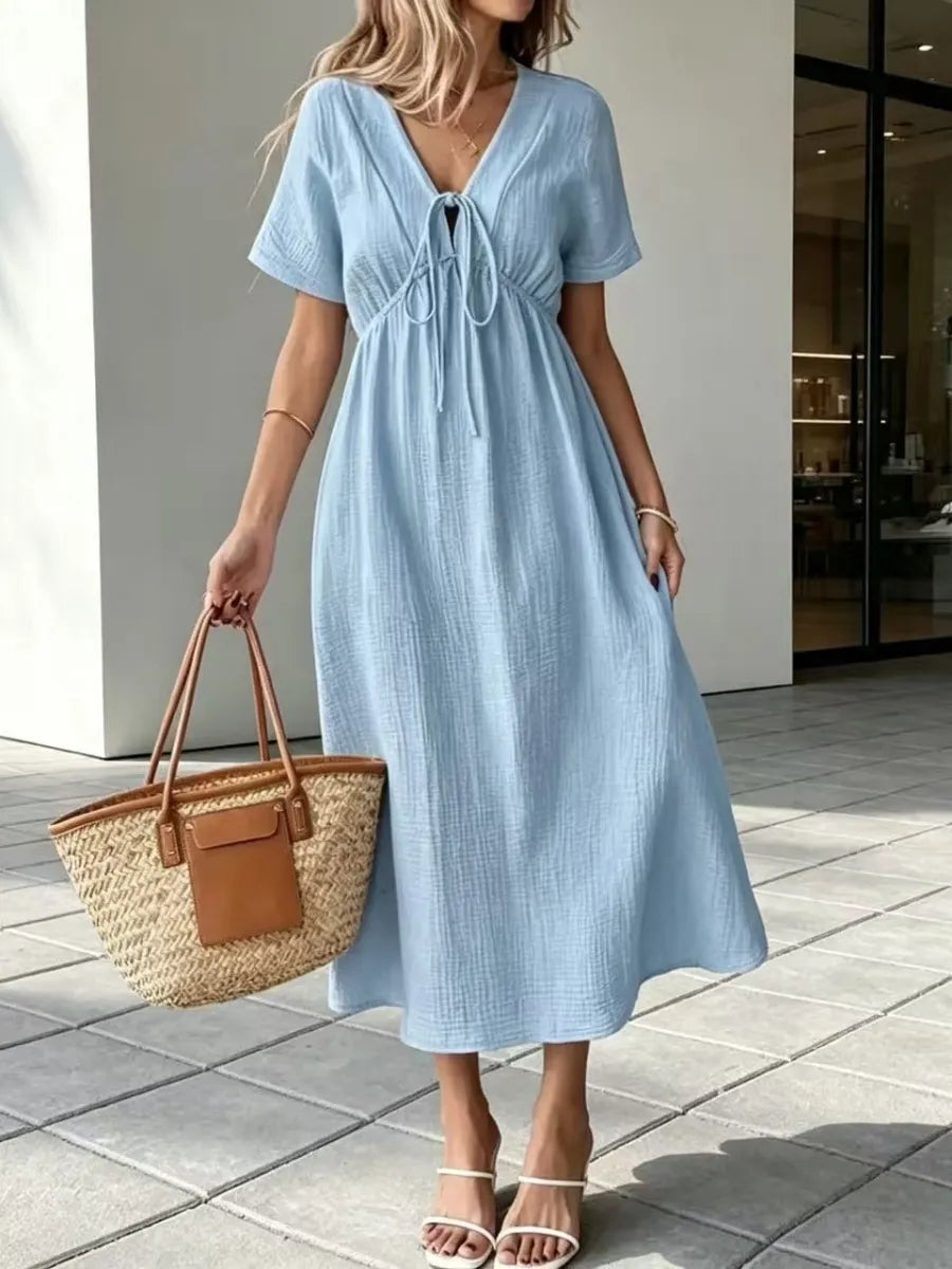 Women'S V-Neck Loose-Fitting Comfortable Long Solid Color Short-Sleeved Dress