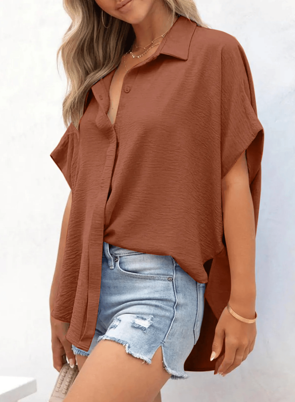 Women's Tops Dressy Casual V Neck Button Down Shirts Solid Short Sleeve Blouses Oversized Fit Batwing Collared Baggy Minimalist Style