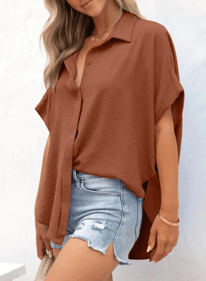 Women's Tops Dressy Casual V Neck Button Down Shirts Solid Short Sleeve Blouses Oversized Fit Batwing Collared Baggy Minimalist Style