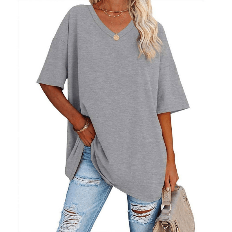 Soft Stretch Cotton Blend Plus Size V-Neck Tees, Oversized Loose Fit Casual Half Sleeve Tunic Shirts, Versatile Basic Wardrobe Staple for Spring Summer Fall Winter