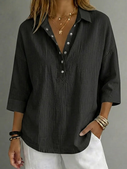 Women's Casual Cottonn Linen Henley 3/4 Sleeve Shirt