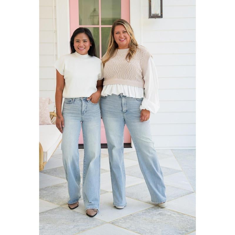 ⏰LAST DAY - HALF PRICE💥High Rise Vintage Wash Tummy Control Top Straight Leg Jeans
