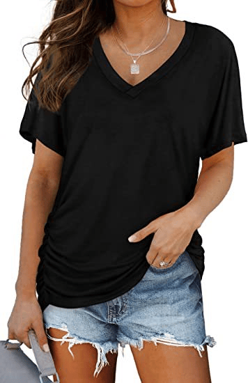 🔥LAST DAY 49% OFF-2026 New Women's Short Sleeve V-Neck Dolman Top, Soft Breathable Loose Fit Shirt with Side Waist Shirring, Versatile Casual Everyday Blouse
