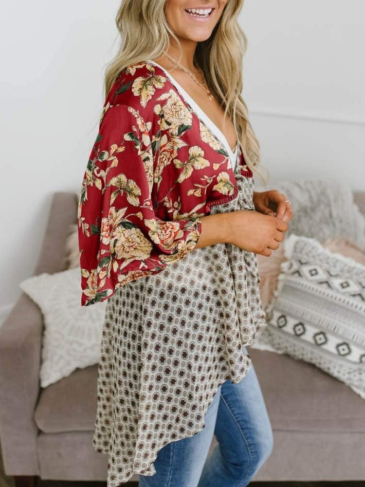Red floral chiffon kimono ruffle sleeve