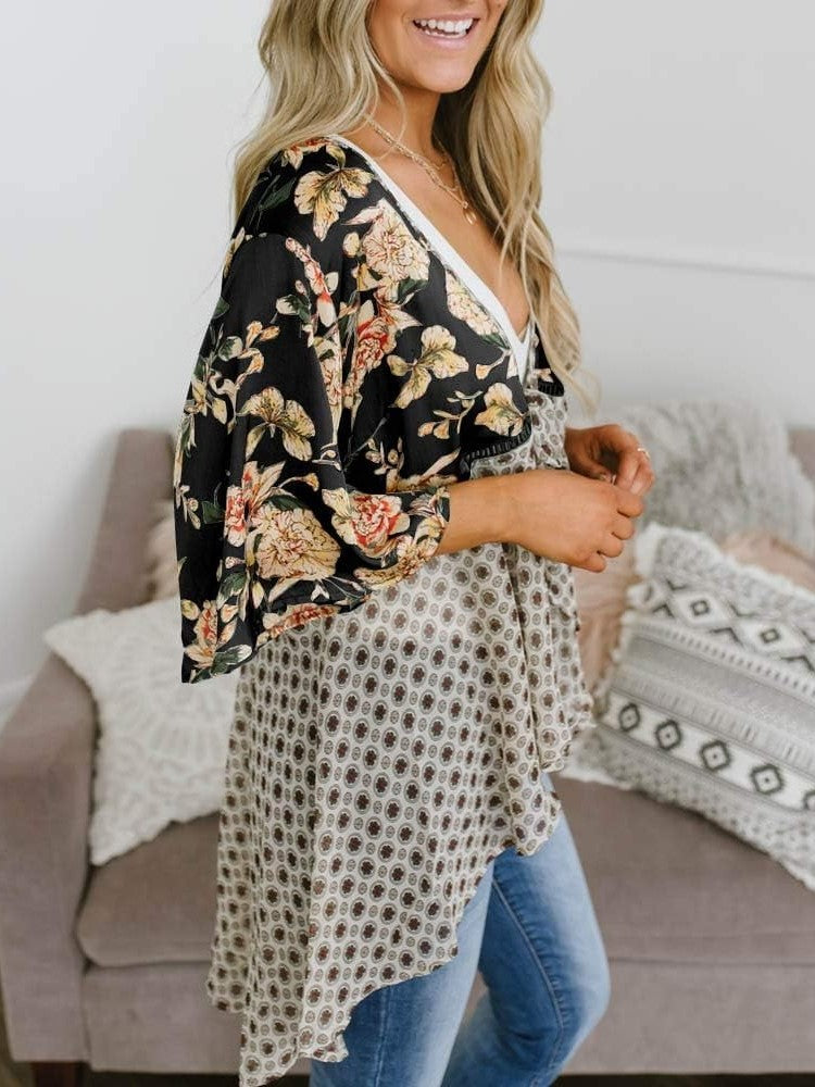 Women's black floral chiffon kimono