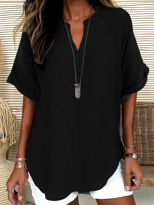 🔥New Arrival 50% OFF🔥Women's Plain Short Sleeve Blouse, Casual Solid Color Top for Daily Wear, Ladies Clothes for All Seasons