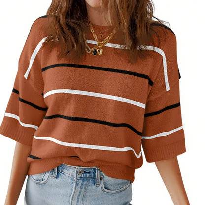 Women's Striped Knit Round Neck Shortsleeve Baggy Pullover 100% Cotton