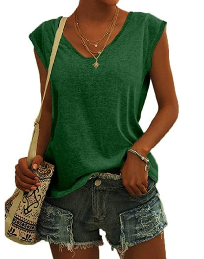 Womens Cap Sleeve Tops V Neck Loose Fit Tshirts