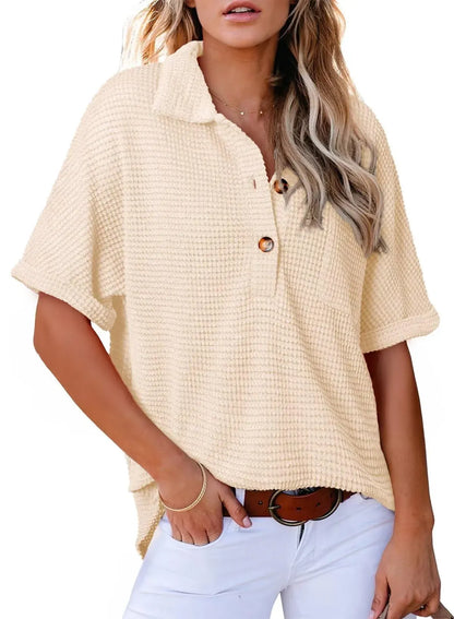 🔥2026 HOT SEAL ! ! !🔥100% Cotton Women's Waffle Knit Short Sleeve Tunic Henley Shirts