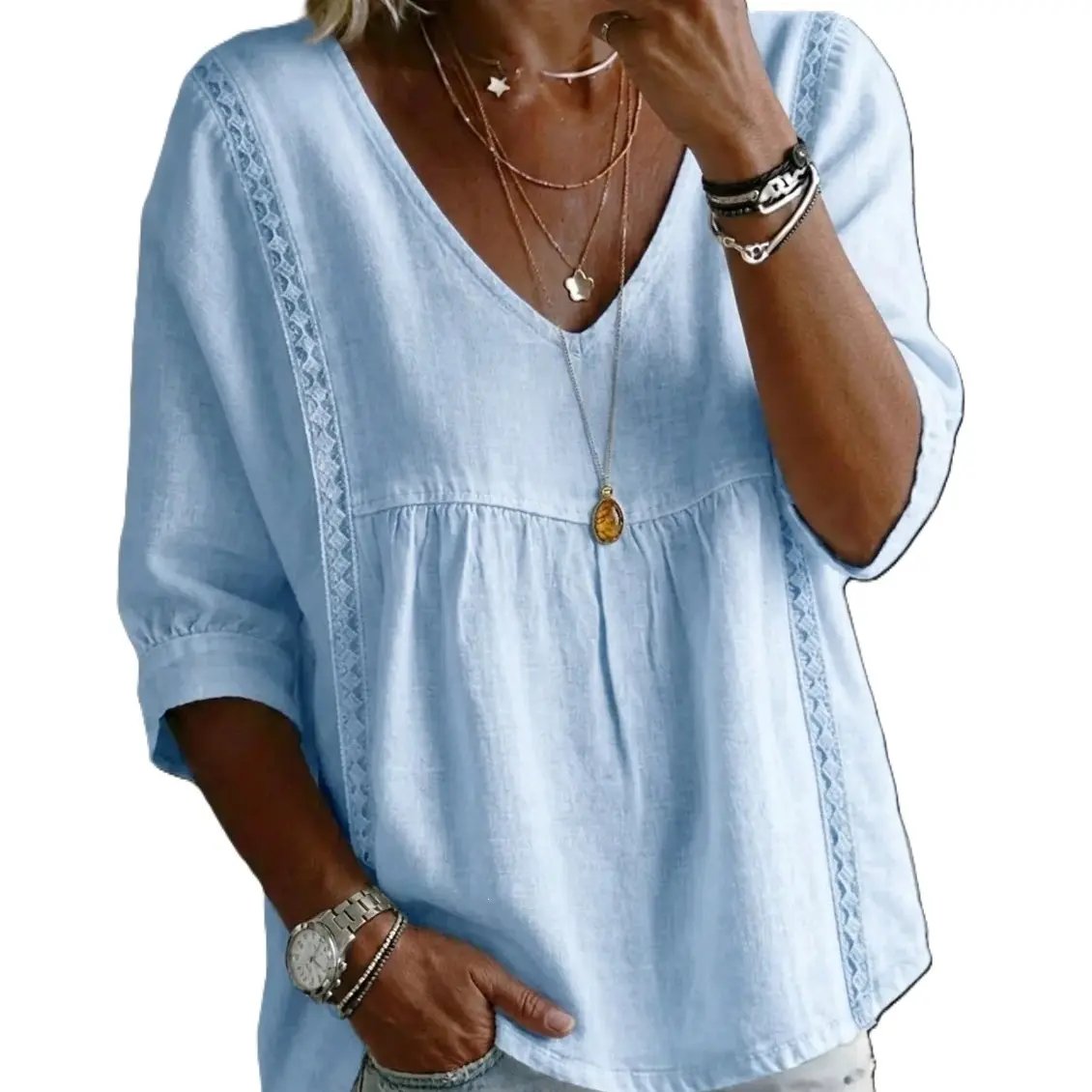 ✨ Women's Elegant V-Neck Lace Blouse | 3/4 Puff Sleeves & Side Lace Details | Loose Fit Bohemian Top for Office & Casual Wear