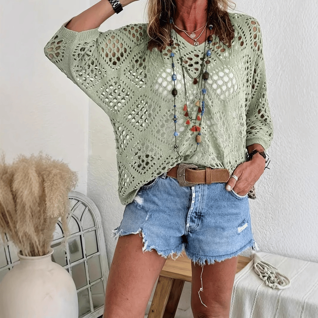 🔥Summer 2026 Best Sellers🔥-Women's Bohemian-Inspired Beige Crochet Top with V-Neck