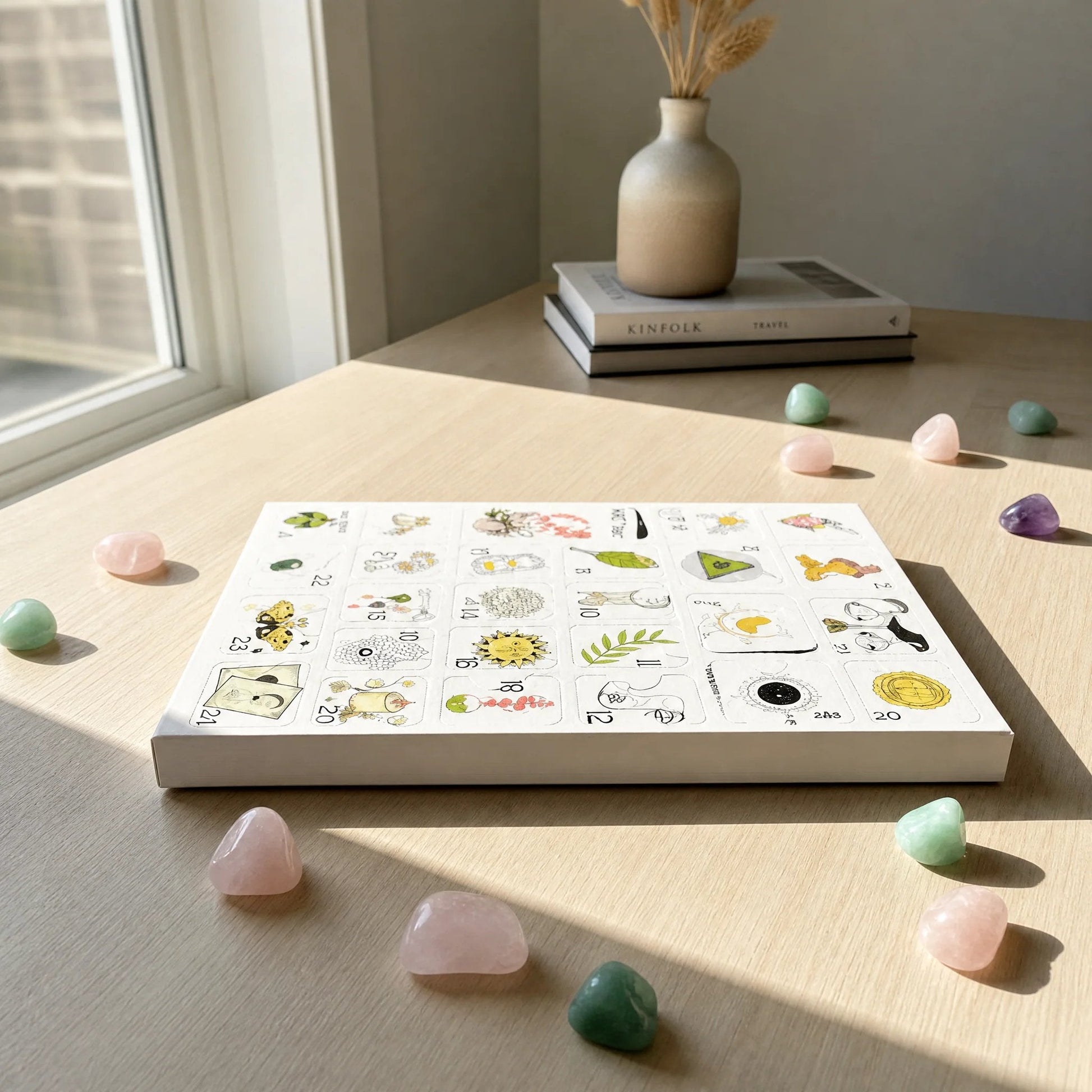 Numbered crystal advent calendar on a sunlit table