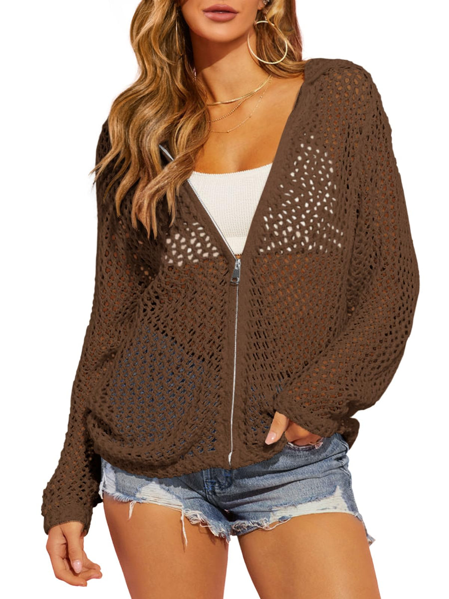 Brown cotton crochet zip up cardigan
