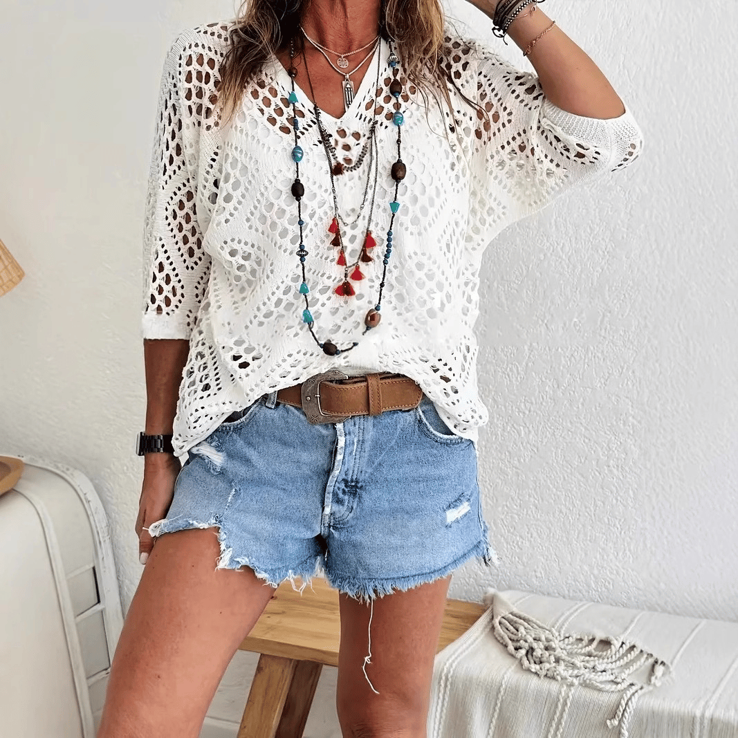 🔥Summer 2026 Best Sellers🔥-Women's Bohemian-Inspired Beige Crochet Top with V-Neck