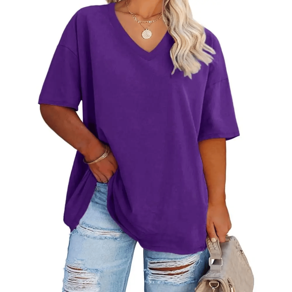 Soft Stretch Cotton Blend Plus Size V-Neck Tees, Oversized Loose Fit Casual Half Sleeve Tunic Shirts, Versatile Basic Wardrobe Staple for Spring Summer Fall Winter