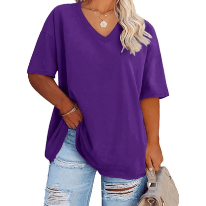 Soft Stretch Cotton Blend Plus Size V-Neck Tees, Oversized Loose Fit Casual Half Sleeve Tunic Shirts, Versatile Basic Wardrobe Staple for Spring Summer Fall Winter