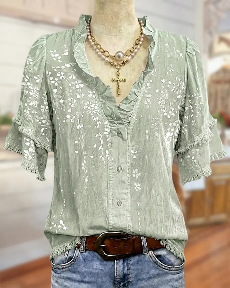 🔥2026 HOT SEAL ! ! !🔥100% Cotton Ruffle Trim V Neck Tiered Sleeve Floral Button Front Blouse