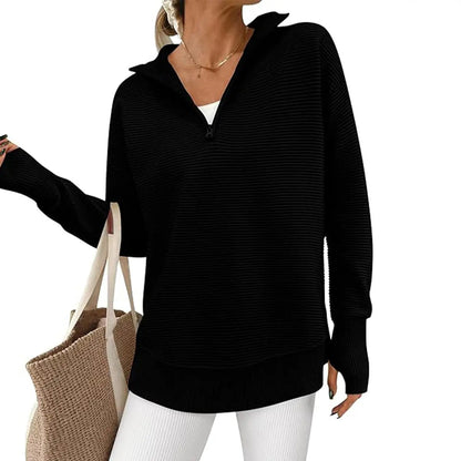 Women's Cozy Quarter-Zip Sweater – Soft Ribbed Knit V-Neck Pullover with Thumb Holes