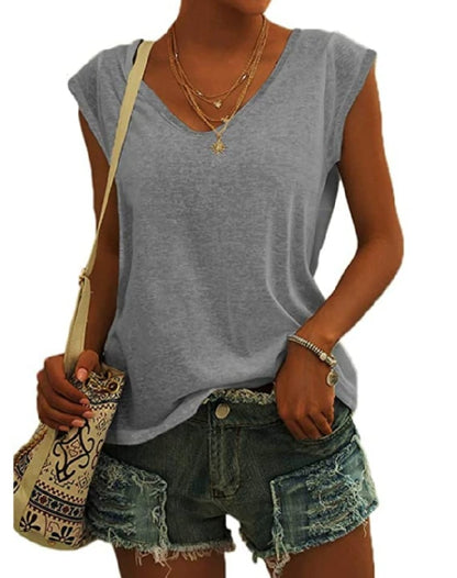 Womens Cap Sleeve Tops V Neck Loose Fit Tshirts
