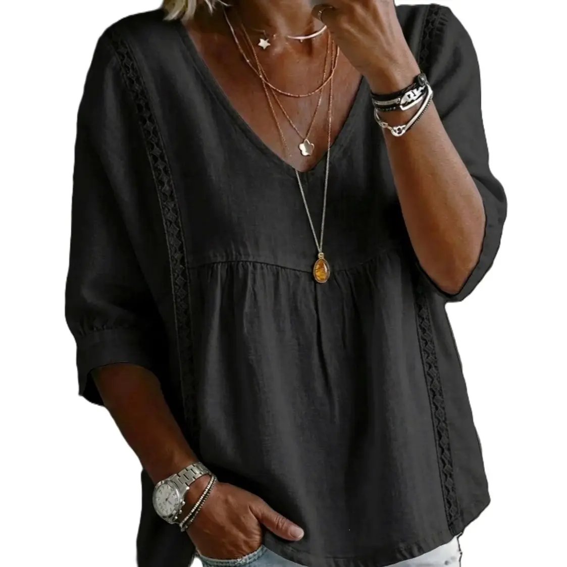 ✨ Women's Elegant V-Neck Lace Blouse | 3/4 Puff Sleeves & Side Lace Details | Loose Fit Bohemian Top for Office & Casual Wear