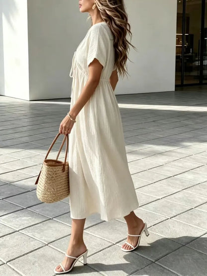 Women'S V-Neck Loose-Fitting Comfortable Long Solid Color Short-Sleeved Dress
