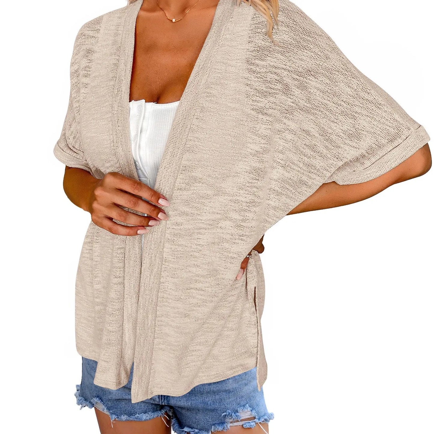 Womens Lightweight Cardigan 2026 Summer Short Sleeve Open Front Beach Coverup Vacation Outdoorfun Knitwear Comfort Casual Loose Minimalist Basic Knitting Batwing Shortsleeve Tops Womenswear