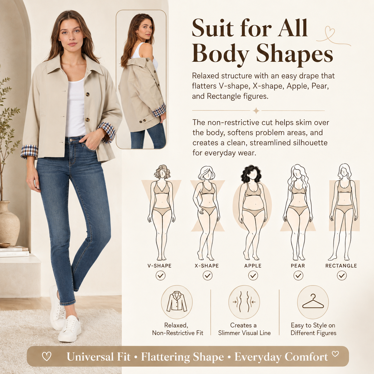 Women’s Cropped Trench Coat – Oversized Casual Jacket with Plaid Lining
