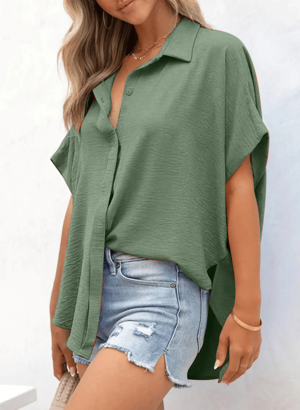Women's Tops Dressy Casual V Neck Button Down Shirts Solid Short Sleeve Blouses Oversized Fit Batwing Collared Baggy Minimalist Style