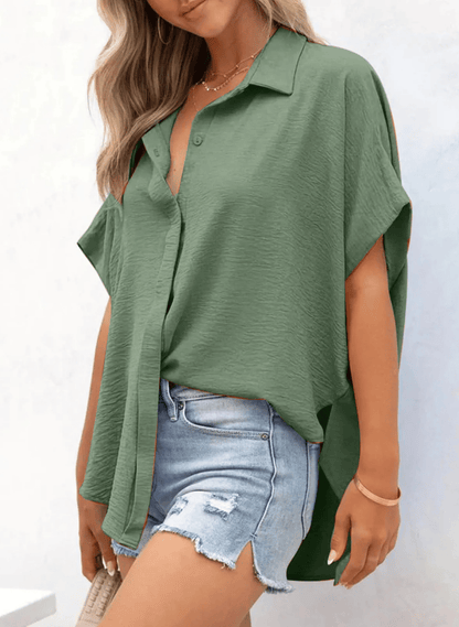 Women's Tops Dressy Casual V Neck Button Down Shirts Solid Short Sleeve Blouses Oversized Fit Batwing Collared Baggy Minimalist Style