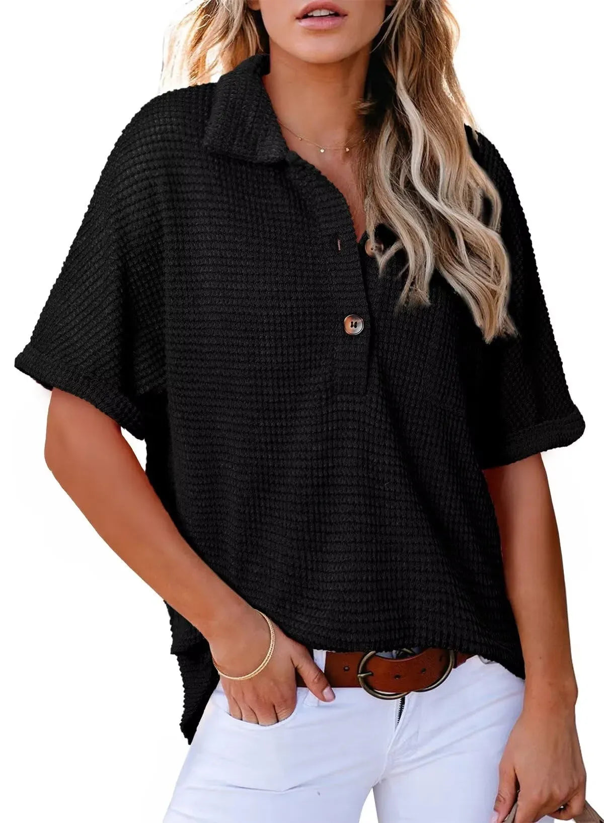 🔥2026 HOT SEAL ! ! !🔥100% Cotton Women's Waffle Knit Short Sleeve Tunic Henley Shirts