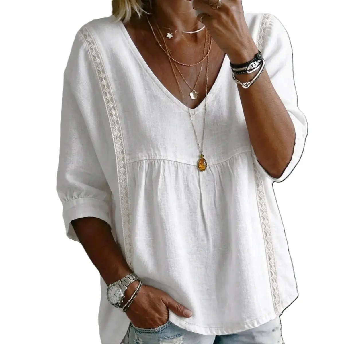 ✨ Women's Elegant V-Neck Lace Blouse | 3/4 Puff Sleeves & Side Lace Details | Loose Fit Bohemian Top for Office & Casual Wear