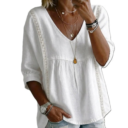 ✨ Women's Elegant V-Neck Lace Blouse | 3/4 Puff Sleeves & Side Lace Details | Loose Fit Bohemian Top for Office & Casual Wear