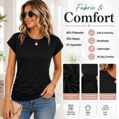 Womens Summer Tops Trendy 2026 Ruched Cap Short Sleeve Tshirts Shirts Crew Neck T Shirts