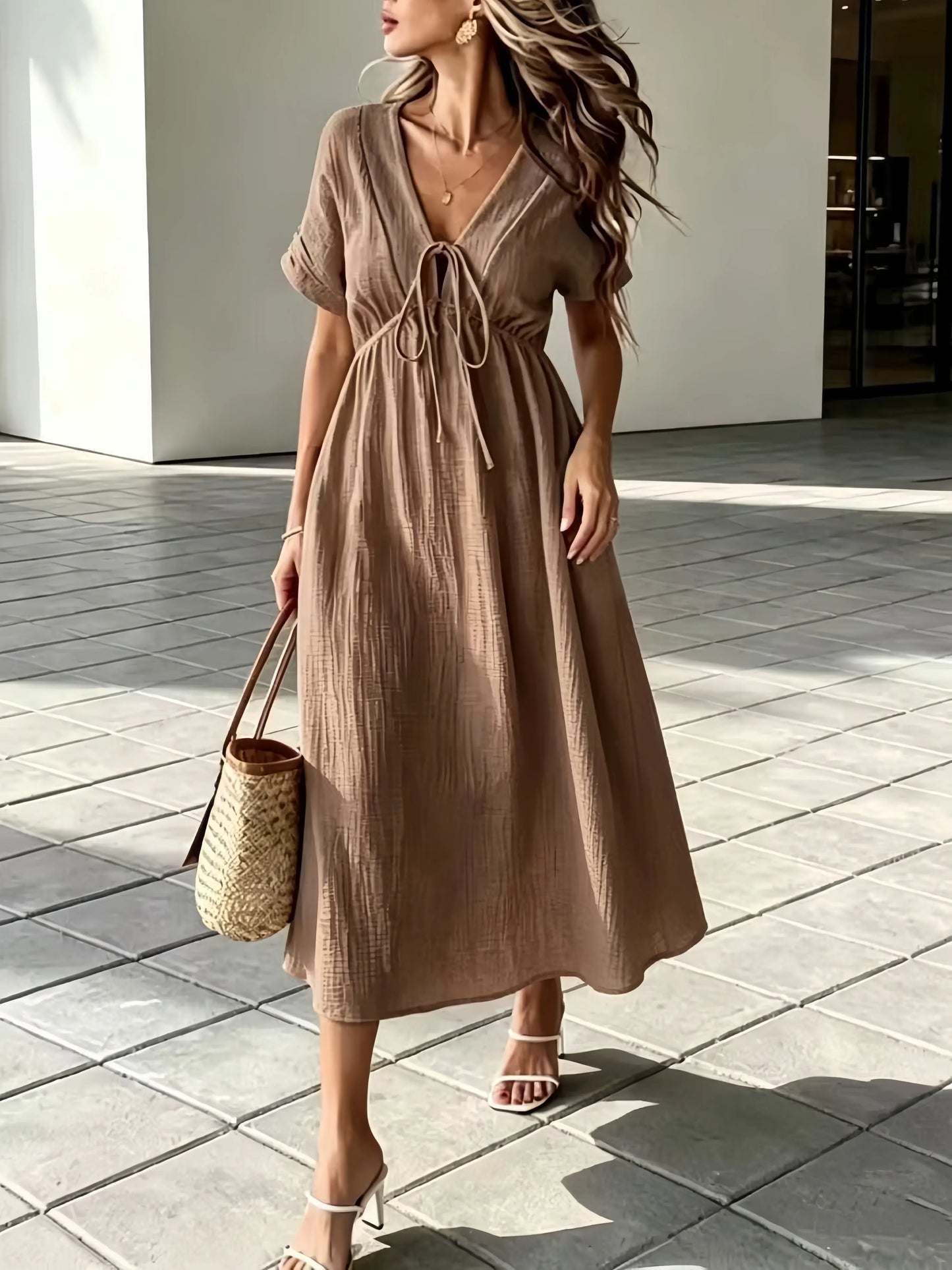Women'S V-Neck Loose-Fitting Comfortable Long Solid Color Short-Sleeved Dress