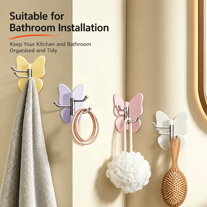 4 Pack Rotating Butterfly Hooks – Strong Adhesive Wall Organizer for Towels, Bags, Hats & Keys | No Drilling Required