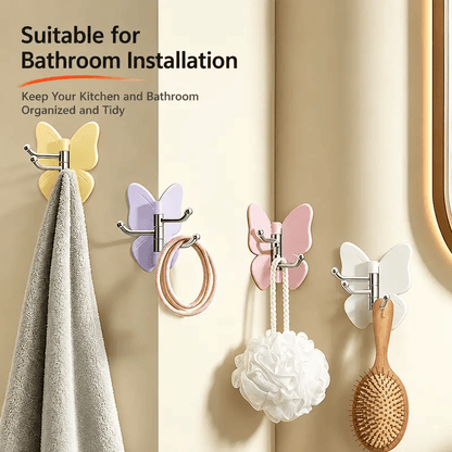 4 Pack Rotating Butterfly Hooks – Strong Adhesive Wall Organizer for Towels, Bags, Hats & Keys | No Drilling Required