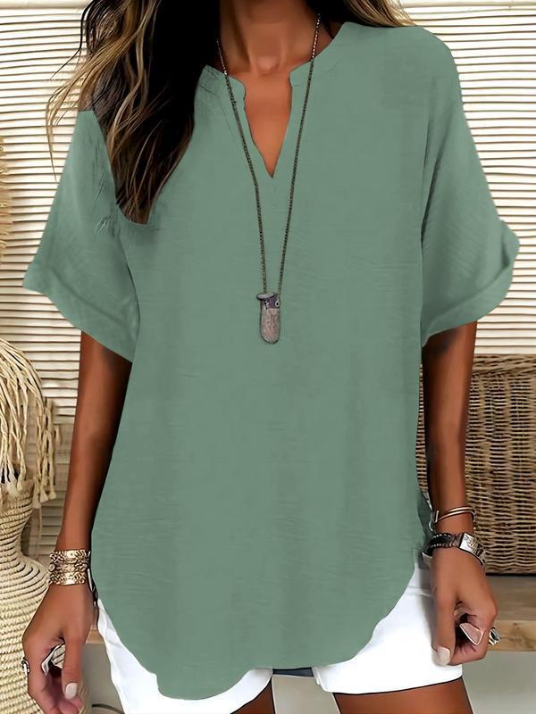 🔥New Arrival 50% OFF🔥Women's Plain Short Sleeve Blouse, Casual Solid Color Top for Daily Wear, Ladies Clothes for All Seasons