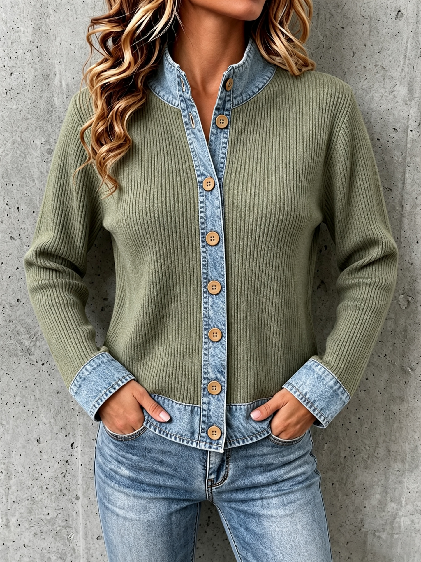CLEARANCE SALE🔥Women's Denim-paneled Knit Cardigan