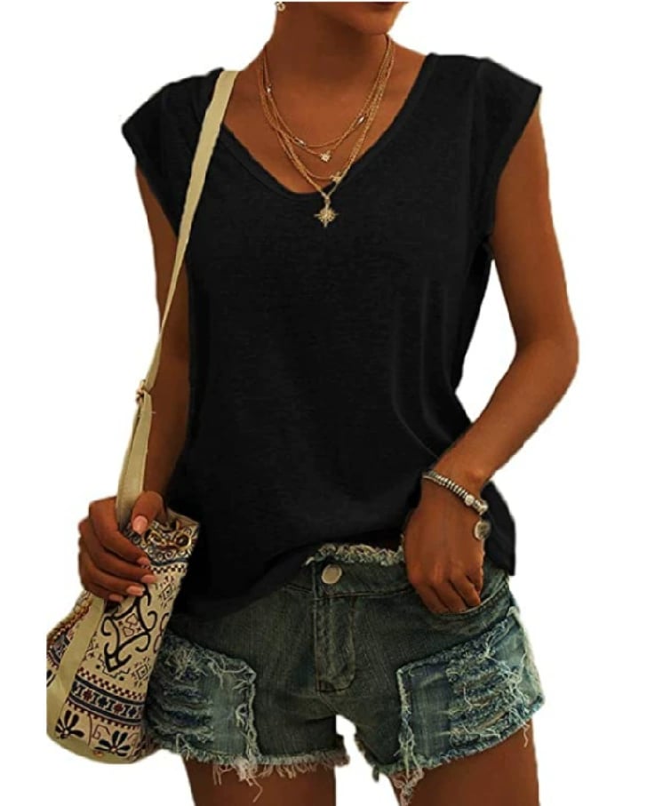 Womens Cap Sleeve Tops V Neck Loose Fit Tshirts
