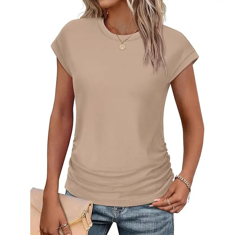 Womens Summer Tops Trendy 2026 Ruched Cap Short Sleeve Tshirts Shirts Crew Neck T Shirts