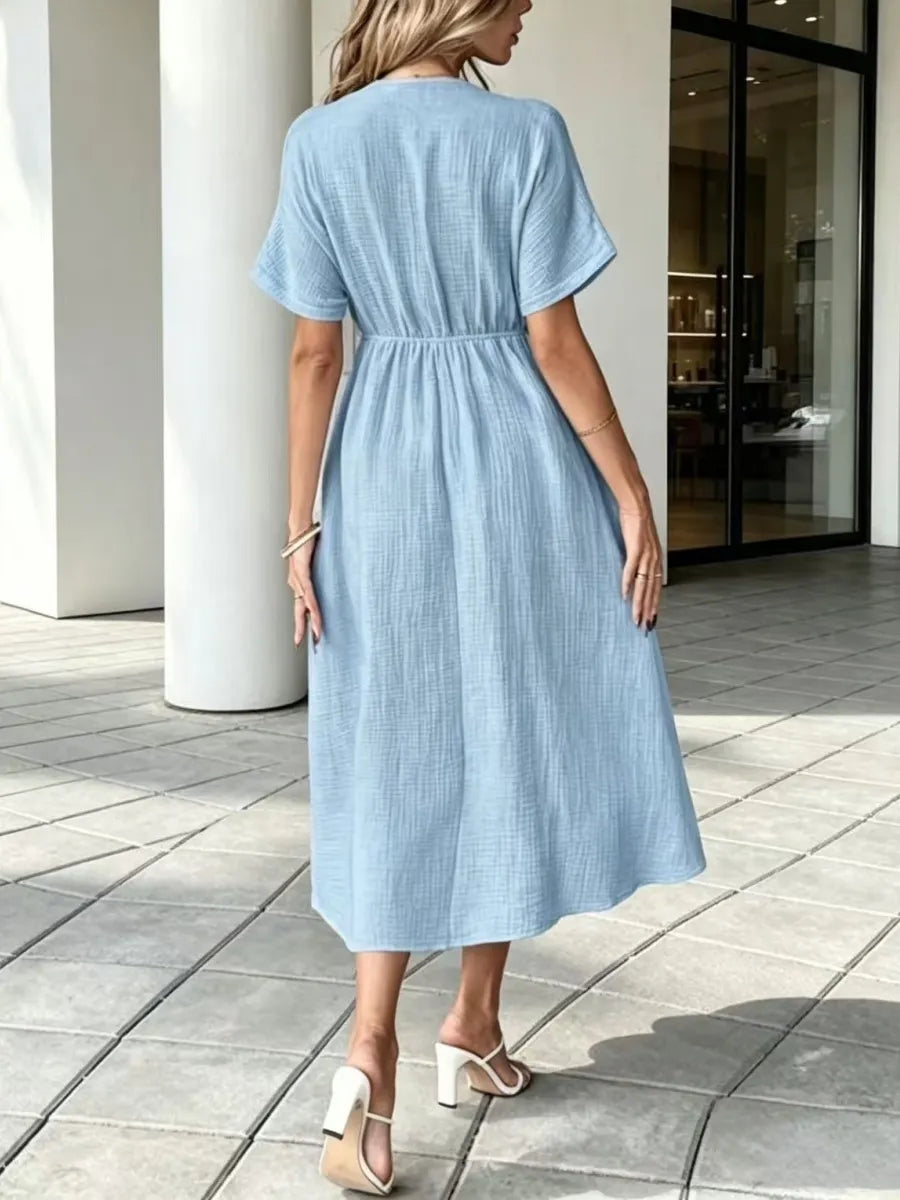 Women'S V-Neck Loose-Fitting Comfortable Long Solid Color Short-Sleeved Dress