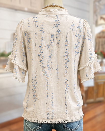 🔥2026 HOT SEAL ! ! !🔥100% Cotton Ruffle Trim V Neck Tiered Sleeve Floral Button Front Blouse