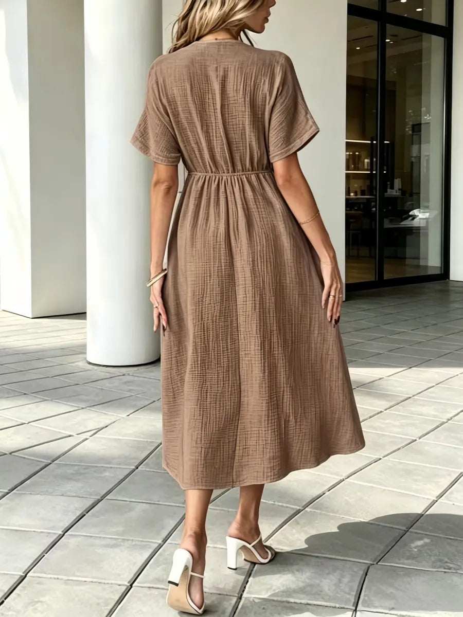 Women'S V-Neck Loose-Fitting Comfortable Long Solid Color Short-Sleeved Dress
