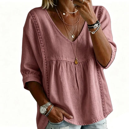 ✨ Women's Elegant V-Neck Lace Blouse | 3/4 Puff Sleeves & Side Lace Details | Loose Fit Bohemian Top for Office & Casual Wear