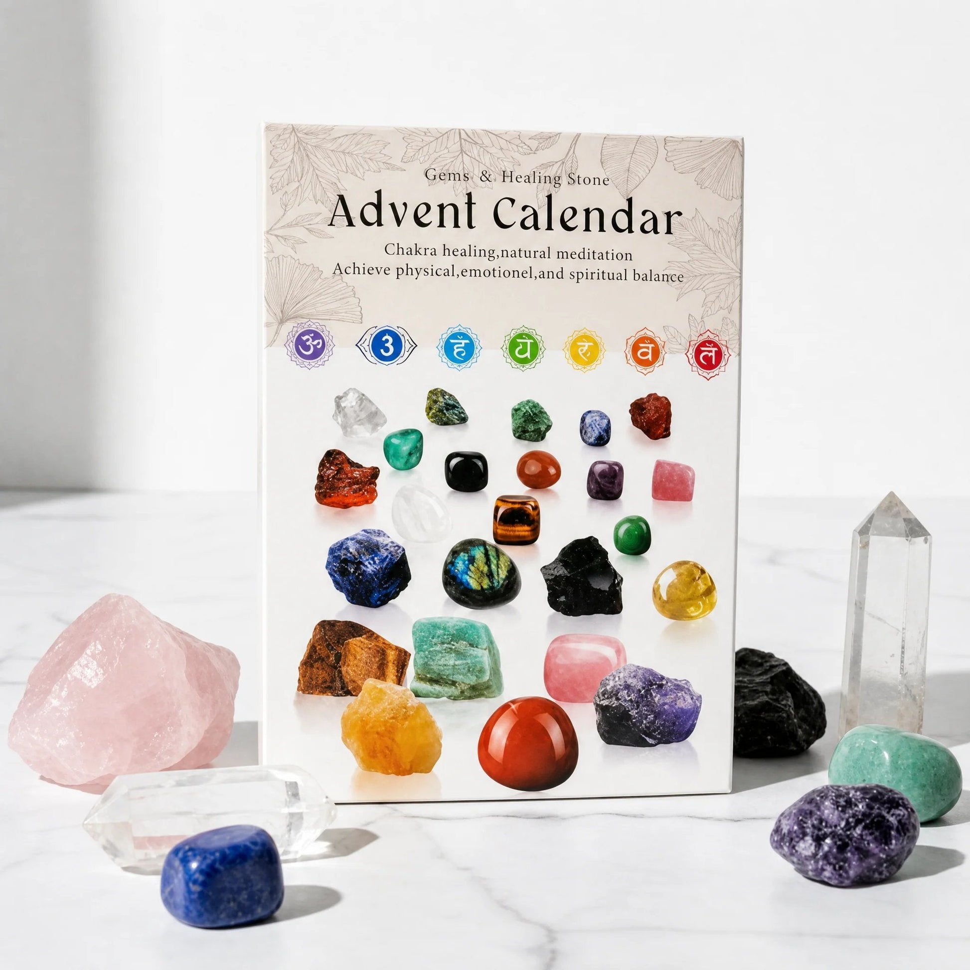 Crystal advent calendar displayed with colorful natural crystals