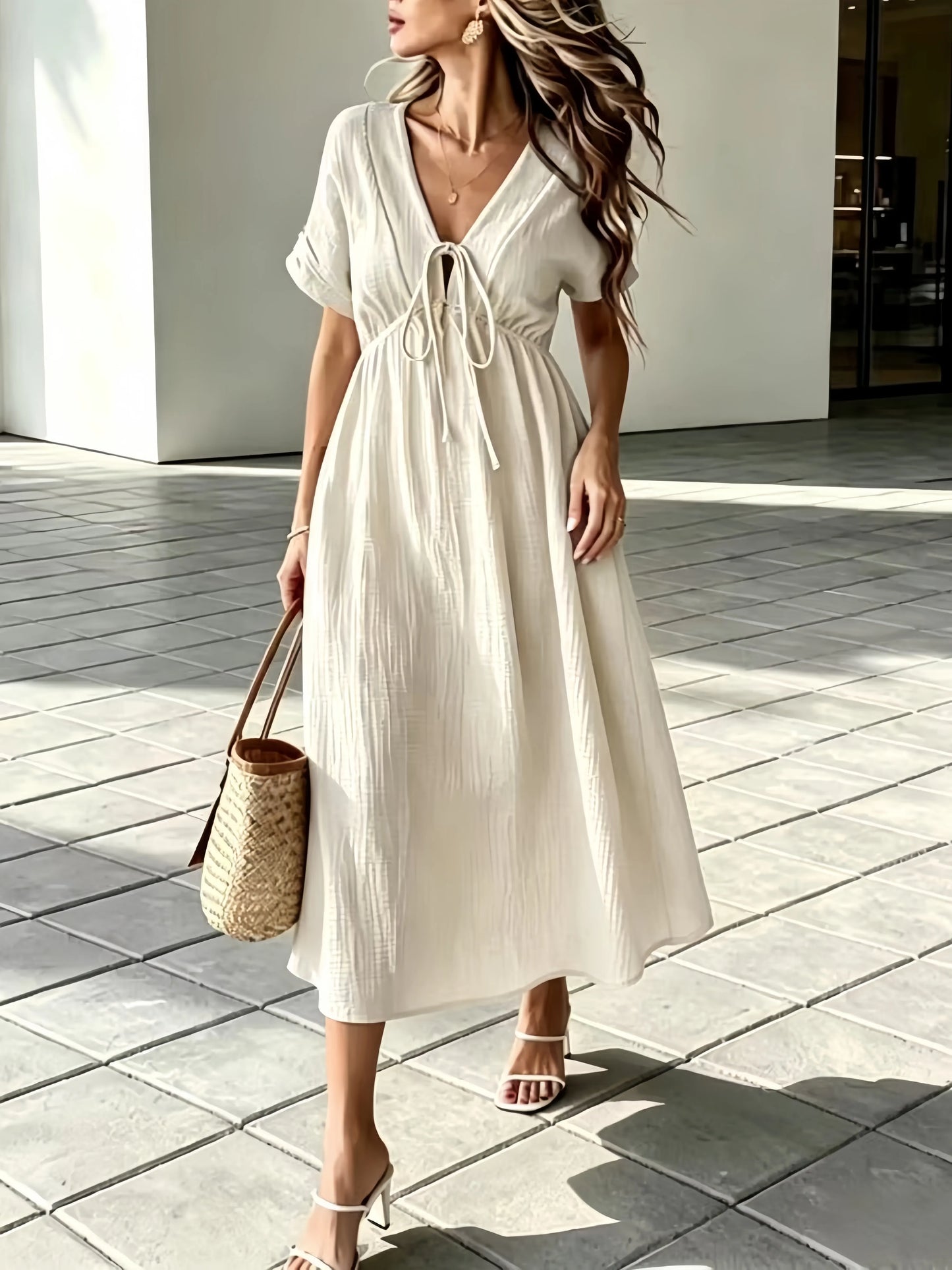 Women'S V-Neck Loose-Fitting Comfortable Long Solid Color Short-Sleeved Dress