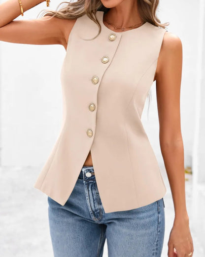 Women's Dressy Button Down Round Neck Sleeveless Blazer Vest