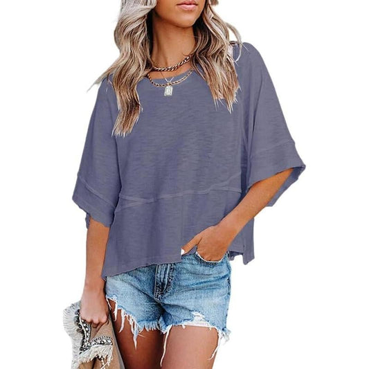 Women's Summer Casual Crewneck Batwing Half Sleeve T-Shirts Solid Color Loose Fit Cute Basic Flowy Tops Tees Blouses
