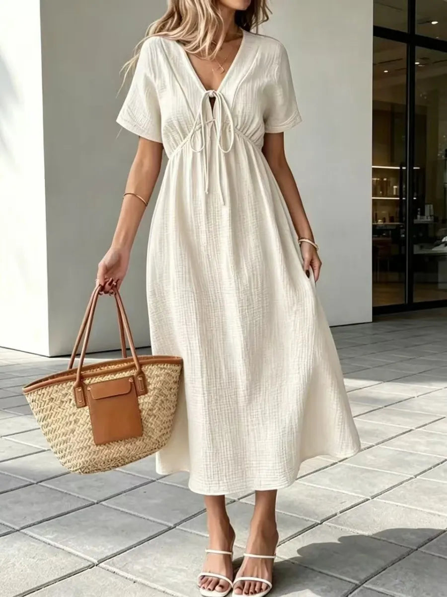 Women'S V-Neck Loose-Fitting Comfortable Long Solid Color Short-Sleeved Dress